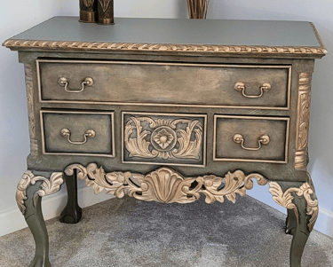 Green layered Chippendale-style cabinet with gold detail – custom makeover by Absolutely Mintage
