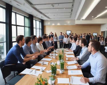A serene office space with plants and soft lighting.
