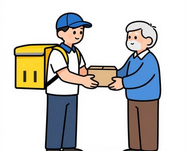 A delivery person placing a sealed meal tray into a refrigerator inside a cozy home kitchen.