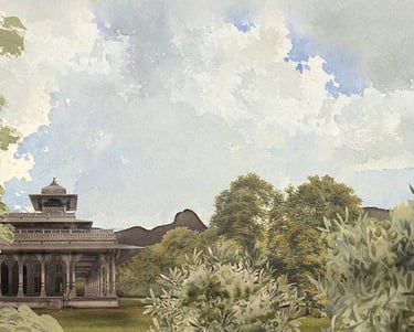 Watercolor painting of a traditional Indian pavilion nestled in a lush green landscape under a cloudy sky.