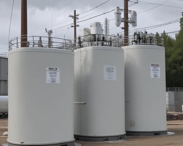 Close-up of a redox flow battery system showing two separate liquid fuel tanks.