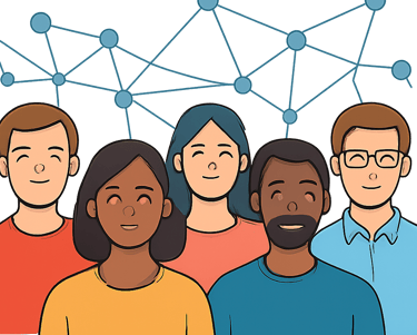An illustration of a diverse group of five people (three men and two women) with stylized network connections in the background.