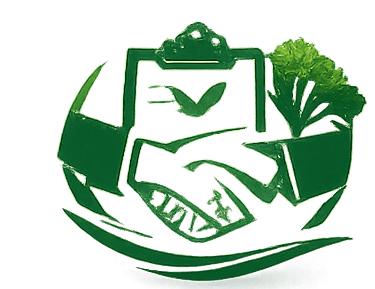 Green eco-friendly logo featuring a handshake icon, clipboard, and a tree for sustainable business deals.