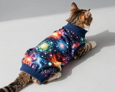 Un gato atigrado con suéter de un colorido estampado galáctico con estrellas y nebulosas.