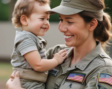 a woman in a military uniform hugging a little girl