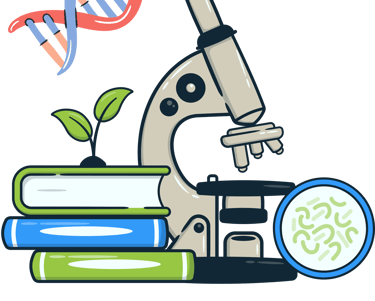 "Icon representing available biology tuition with a leaf, test tube, and academic tools."