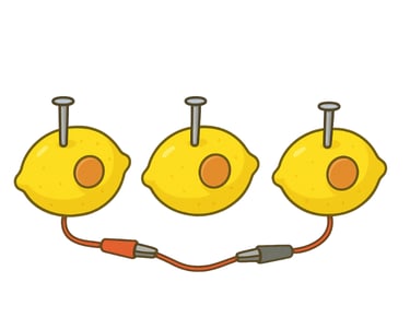 Lemon with coin and screws, connected by wires.