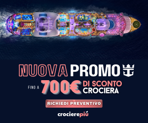 Banner promozionale CrocierePiù con nave da crociera vista dall’alto e sconto fino a 700 euro