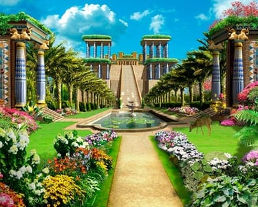 imagem do interior do jardim da babilônia suas escadarias torres fontes e muito paisagismo.