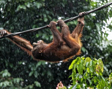 Orangutan hanging in the rain