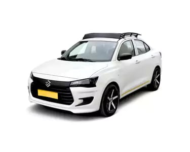 White Maruti Dzire one way taxi by Saini taxi services with a luggage carrier rack