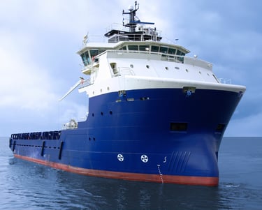 a large ship with a large blue and white ship