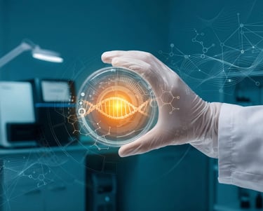 Scientist in gloves holding a petri dish with a glowing DNA helix and digital genetic research overlays.