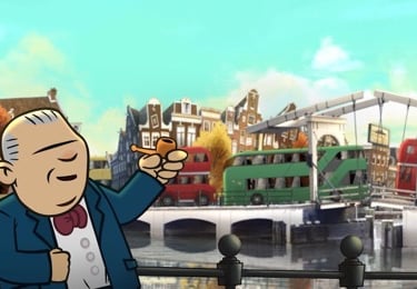 a cartoonish looking man in a suit and bow tie