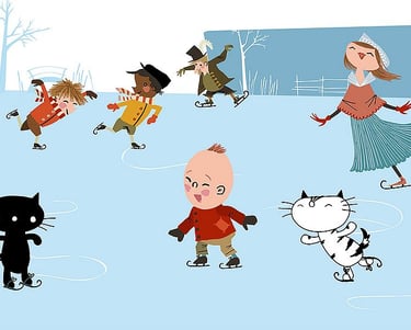 a cartoonish illustration of a child and pim and pom