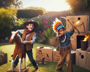 Two young kids playing cowboys and indians