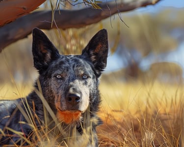 An Australian Blue Heeler dog sits under the shade of an outback tree