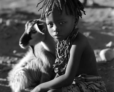 Peter Pickering's website shows a young Himba boy with dreadlocks beside his goat