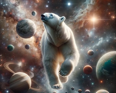 A polar bear in the middle of a galaxy