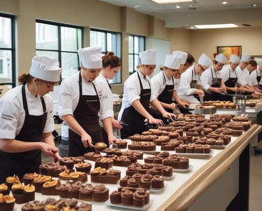 In a café or restaurant setting, there is a counter with trays containing various pastries, including a sugar-dusted cake and a pastry topped with strawberries. Several people dressed in casual clothing and aprons are engaged in activities behind the counter, possibly preparing orders.