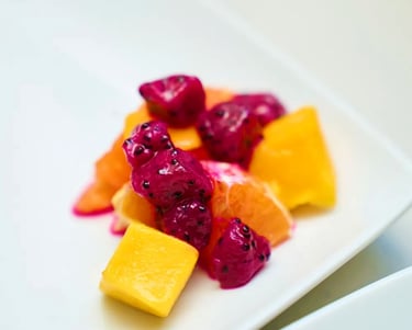 Tropical fruit salad with dragonfruit, mango, pineapple, and cara cara orange. Personal Chef near me