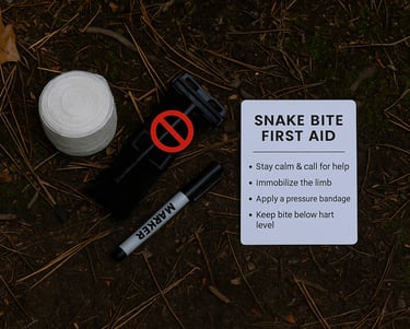 Snake bite first aid kit with venom extractor and treatment guide for survival in wilderness or remote camping emergency