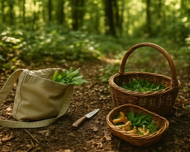  Two baskets and a knife on forest floor full of foraged greens and mushrooms for wilderness cooking