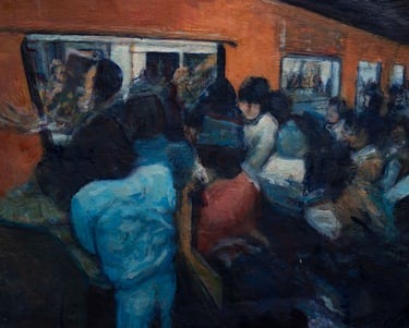 Pintura al óleo del metro de la ciudad de méxico, gente empujandose subiendo al tren