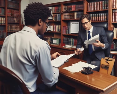 A professional lawyer consulting with a client in a modern office.