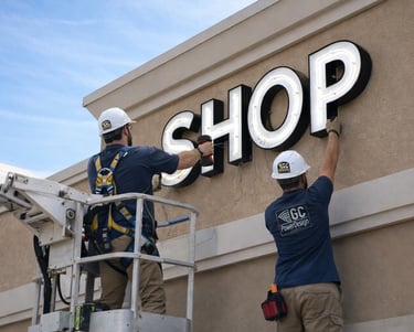 Professional sign installation team working on commercial building signage in Santa Clara