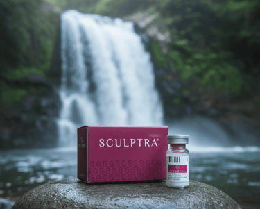 producto SCULPTRA bioestimulador en fondo natural de cascada sobre piedra de río