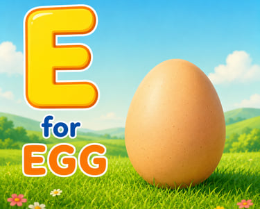 Educational alphabet graphic featuring a yellow letter E and a brown egg on a grassy field.