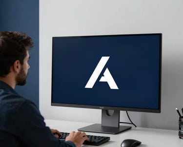 High-end photography of a minimalist design studio in Baghdad. A Middle Eastern professional is reviewing a sleek logo concept on a large monitor. The lighting is soft and cinematic, with dark blue and white accents in the room.