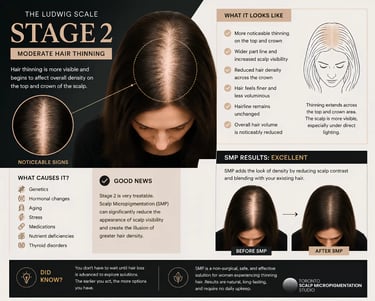 Infographic showing Stage 2 moderate hair thinning in women and scalp micropigmentation results.