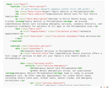 SEO-optimized HTML hero section for Philadelphia dentist