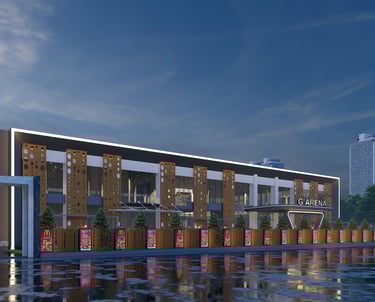 Contemporary building exterior with sleek architecture and a landscaped entrance