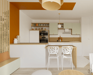 La cuisine est délimitée du séjour par une bande de couleur 