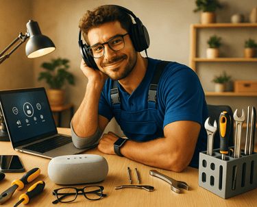 Tech handyman with laptop and smart speaker at workbench. Cedar Rapids home tech setup help.