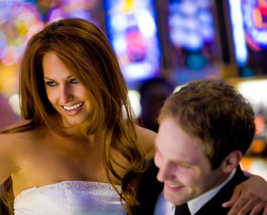 bride and groom photoshoot, colorful, las vegas casino, redhead bride