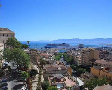 Cagliari city with cruise ship and mountains in distance