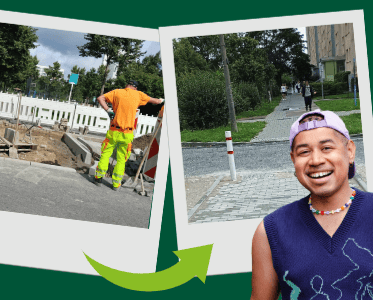 Sharepic zum Antrag, das die Umsetzung der Bauarbeiten und ein Portrait von Dante Davies zeigt. 