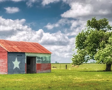 Rustic barn painted with Texas state flag motif, showcasing Texas pride in a rural Texas countryside setting