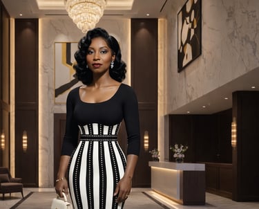 Ruby Mae Davenport, jazz soul artist, standing in an elegant hotel lobby wearing a black and white v