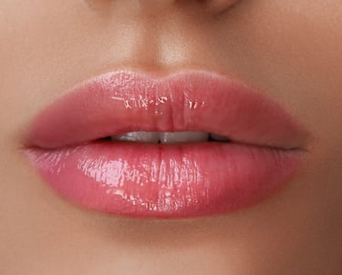 Close-up of beautiful lip blush tattoo on a client's lips, showing a soft pink tint and def