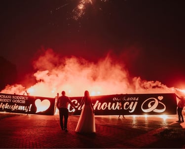 podświetlane napisy pirotechniczne baner z imionami nowożeńców wesele