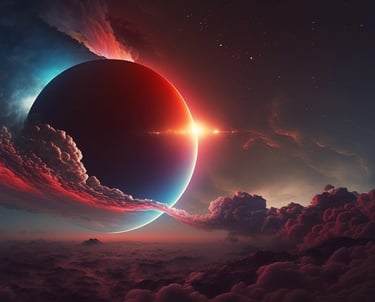 a planet with a bright red sun and a bright blue sky