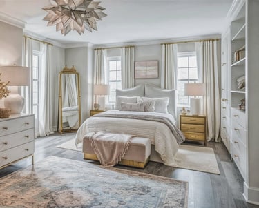a bedroom with a large bed and a large mirror