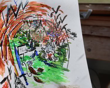 Aquarelle représentant un trou douillet avec une épée magique, collines, un dragon et des aigles.