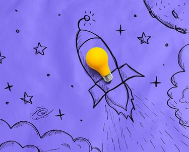 A whimsical drawing of a rocket flying through space. On top of the rocket is a real lightbulb.