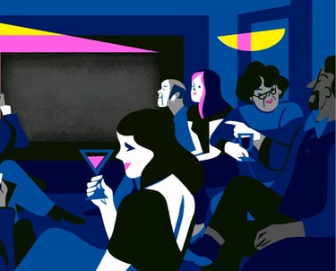 Auckland International Film Club members socializing and discussing movies during a club gathering